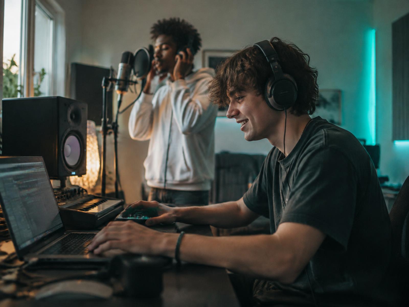 A young person producing music on a laptop while another records vocals in a studio